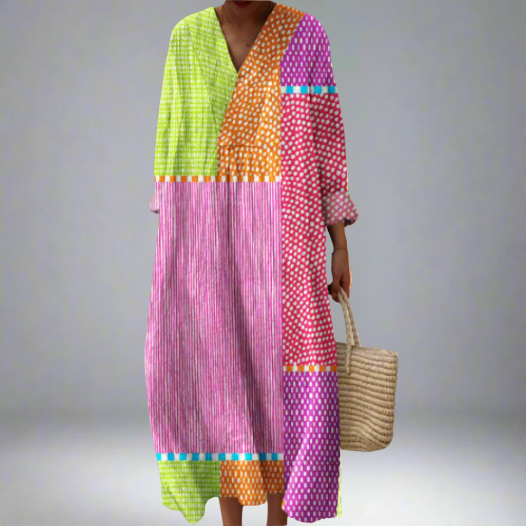 Zélie | Multicoloured Patchwork Dress with Dots and Stripes
