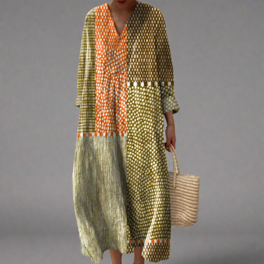 Vivienne™ | Earth-Coloured Patchwork Dot Midi Dress