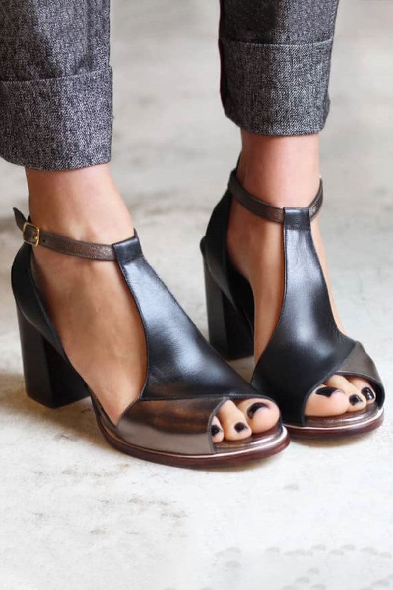 Anyao™ Elegant Open-Toe Heeled Sandals in Black Patchwork – Perfect for Every Occasion
