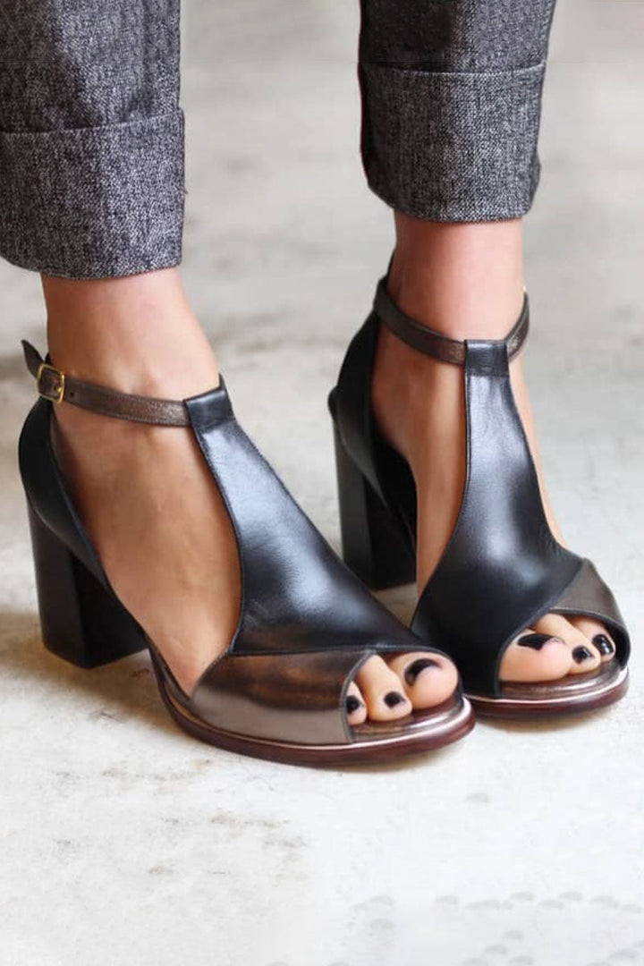 Anyao™ Elegant Open-Toe Heeled Sandals in Black Patchwork – Perfect for Every Occasion