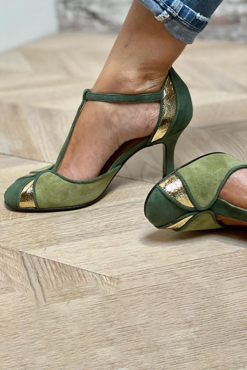 Taviana | Patchwork Court Shoes with T-Bar and Closed Toe