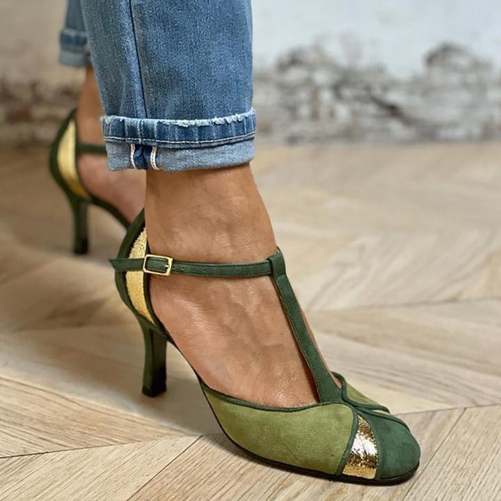 Taviana | Patchwork Court Shoes with T-Bar and Closed Toe