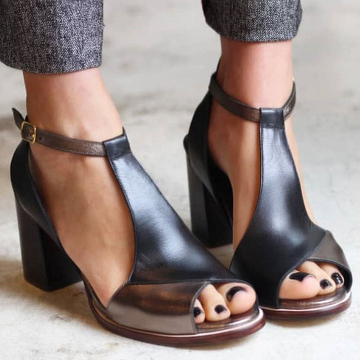 Anyao™ Elegant Open-Toe Heeled Sandals in Black Patchwork – Perfect for Every Occasion