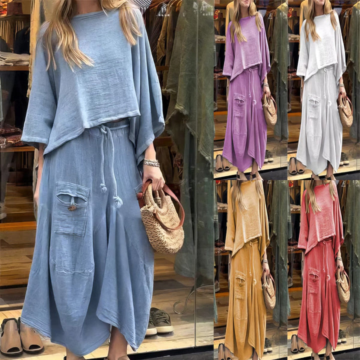 Casual Two-Piece Set: Round Neck Blouse and Loose Fit Skirt