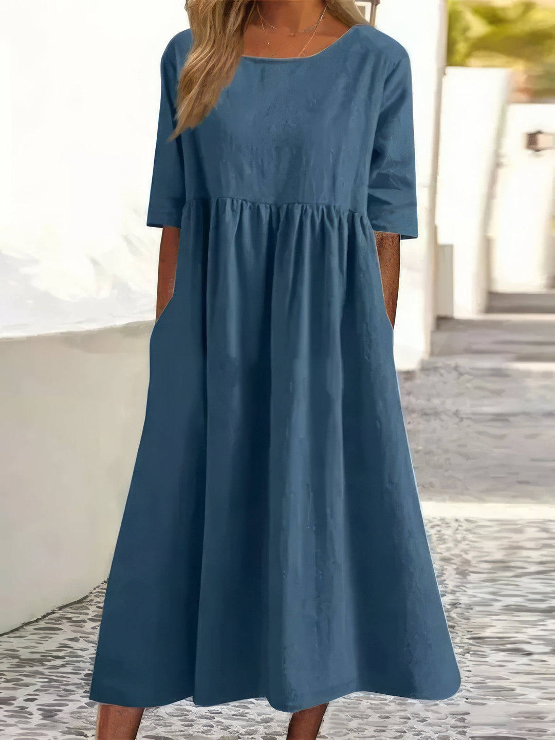 Cotton Dress with Round Neck and Pockets