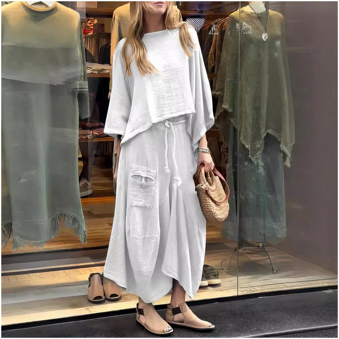 Casual Two-Piece Set: Round Neck Blouse and Loose Fit Skirt