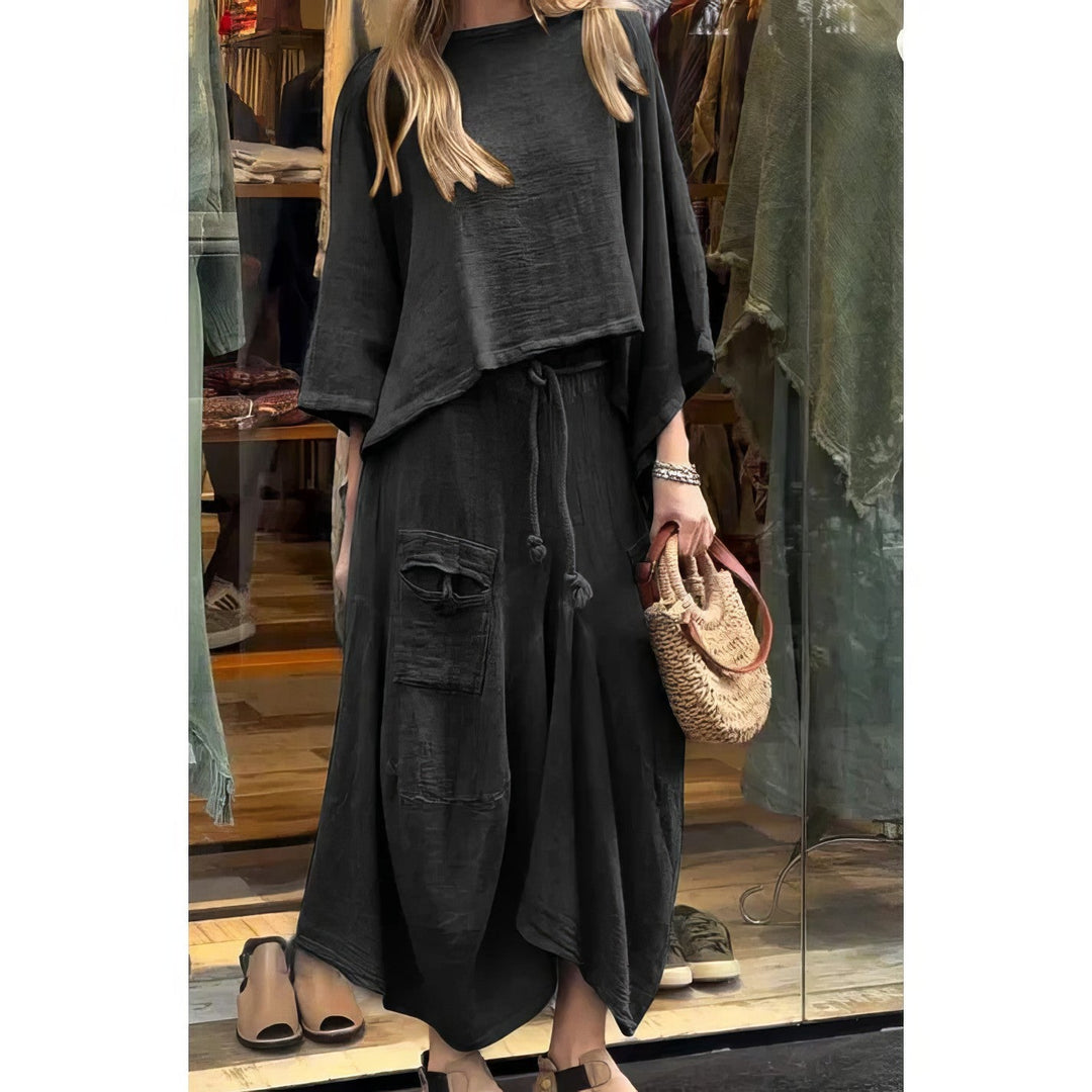 Casual Two-Piece Set: Round Neck Blouse and Loose Fit Skirt