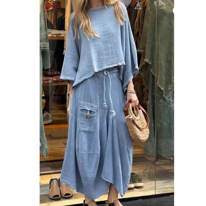 Casual Two-Piece Set: Round Neck Blouse and Loose Fit Skirt