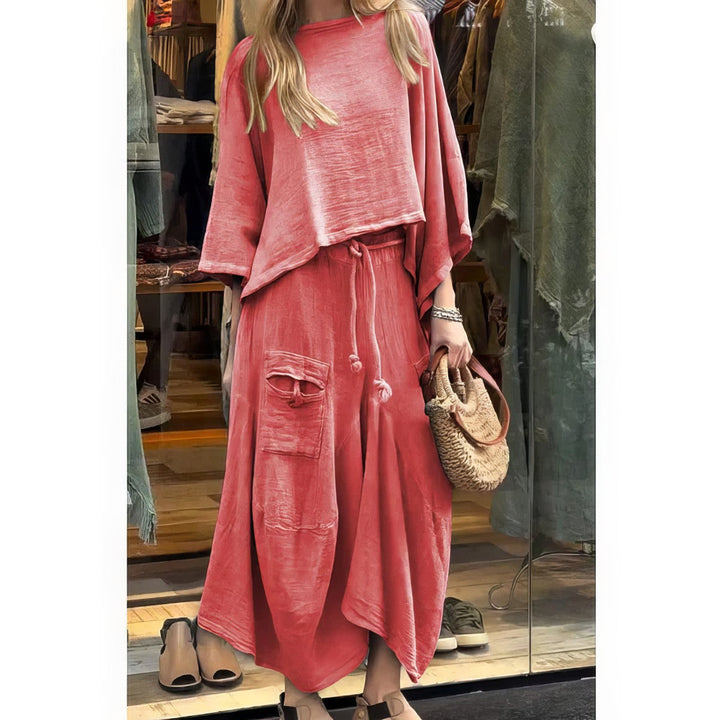 Casual Two-Piece Set: Round Neck Blouse and Loose Fit Skirt