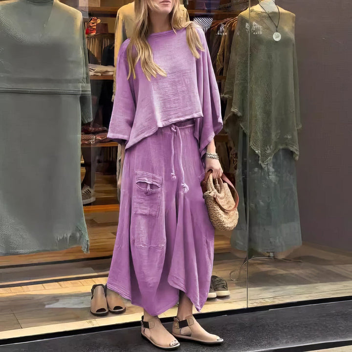 Casual Two-Piece Set: Round Neck Blouse and Loose Fit Skirt