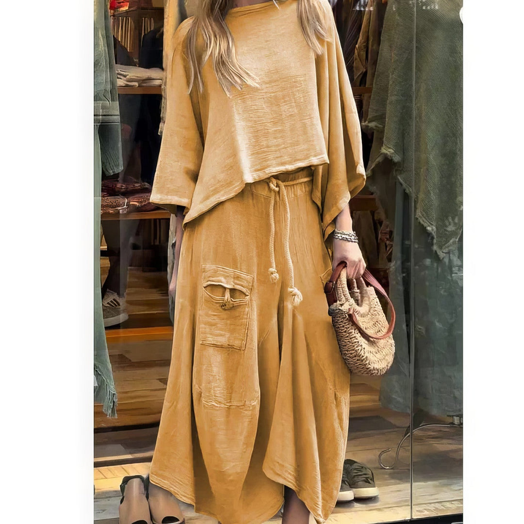 Casual Two-Piece Set: Round Neck Blouse and Loose Fit Skirt