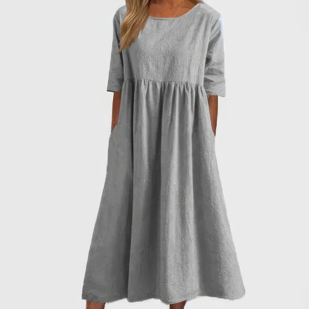 Cotton Dress with Round Neck and Pockets