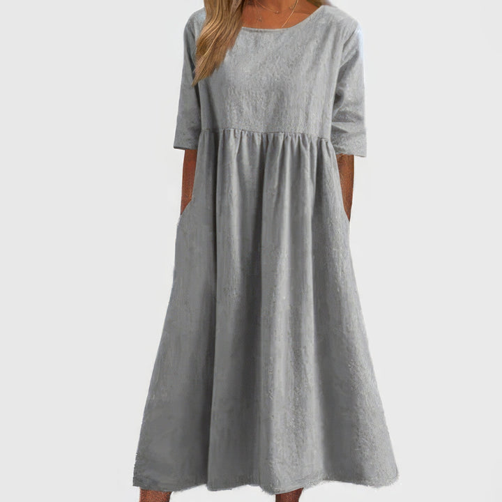 Cotton Dress with Round Neck and Pockets
